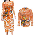 Greater Western Sydney Giants Couples Matching Long Sleeve Bodycon Dress and Long Sleeve Button Shirt Aboriginal Dot Pattern - Football Mascot Heritage Pride