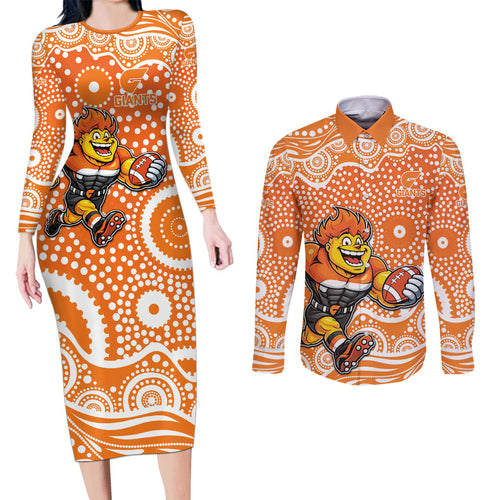 Greater Western Sydney Giants Couples Matching Long Sleeve Bodycon Dress and Long Sleeve Button Shirt Aboriginal Dot Pattern - Football Mascot Heritage Pride