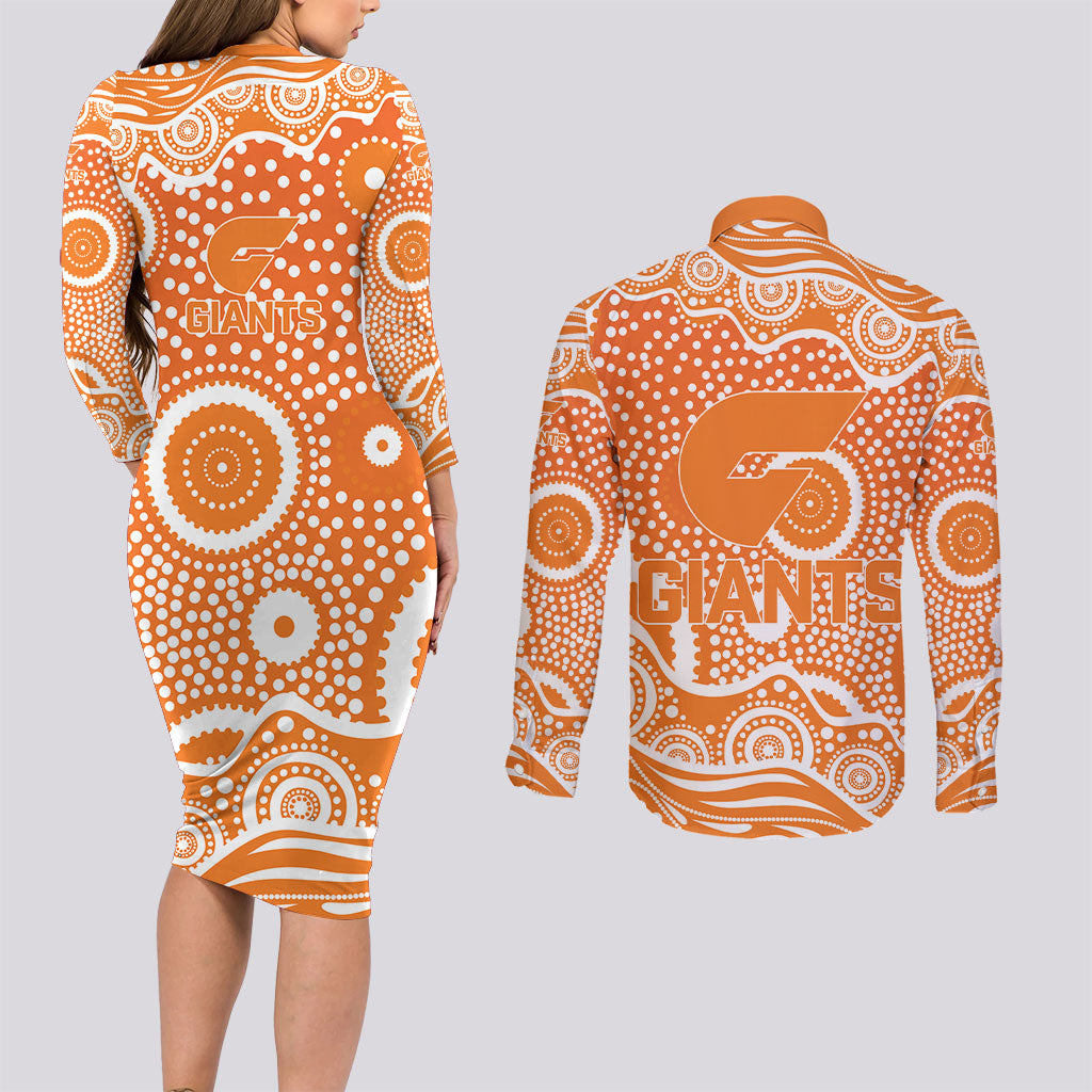 Greater Western Sydney Giants Couples Matching Long Sleeve Bodycon Dress and Long Sleeve Button Shirt Aboriginal Dot Pattern - Football Mascot Heritage Pride