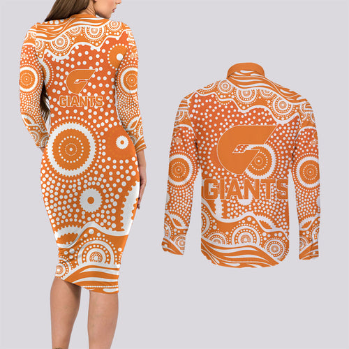 Greater Western Sydney Giants Couples Matching Long Sleeve Bodycon Dress and Long Sleeve Button Shirt Aboriginal Dot Pattern - Football Mascot Heritage Pride
