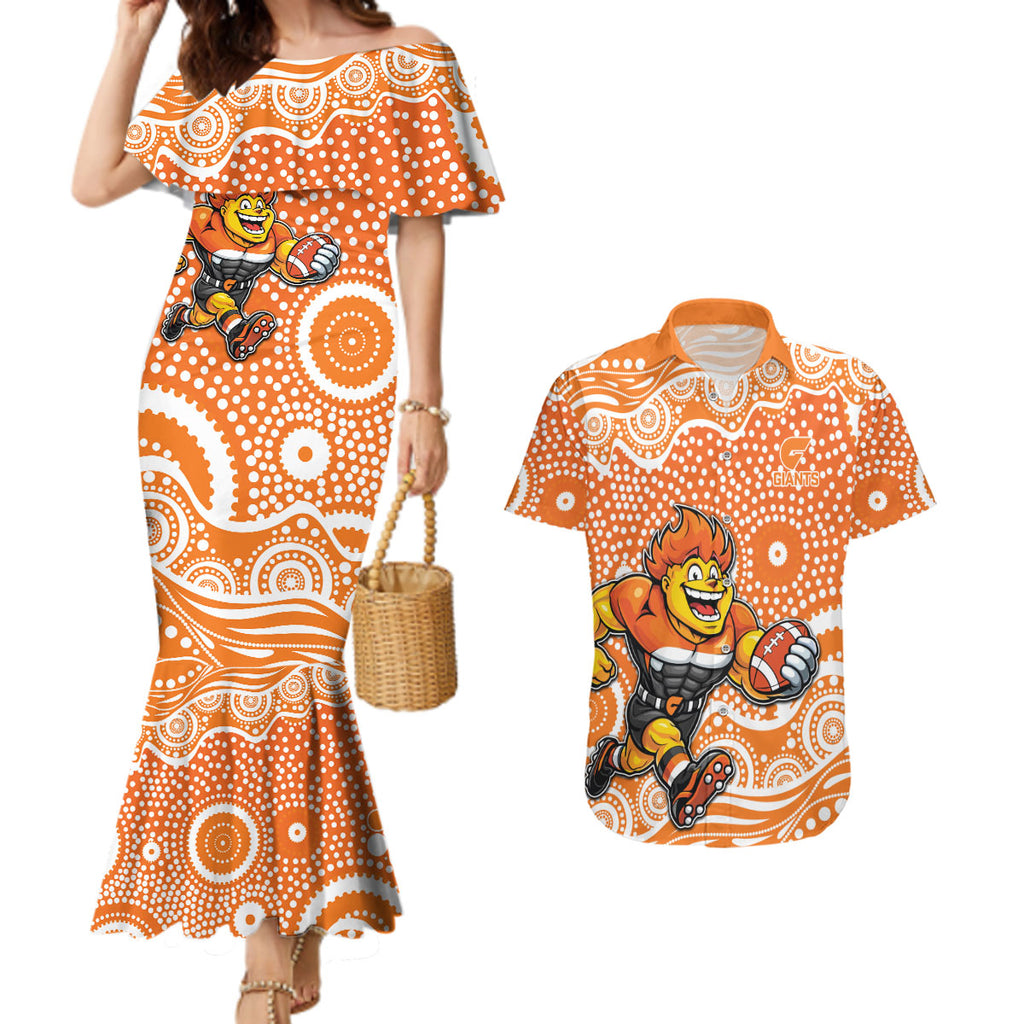 Greater Western Sydney Giants Couples Matching Mermaid Dress and Hawaiian Shirt Aboriginal Dot Pattern - Football Mascot Heritage Pride