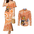Greater Western Sydney Giants Couples Matching Mermaid Dress and Long Sleeve Button Shirt Aboriginal Dot Pattern - Football Mascot Heritage Pride
