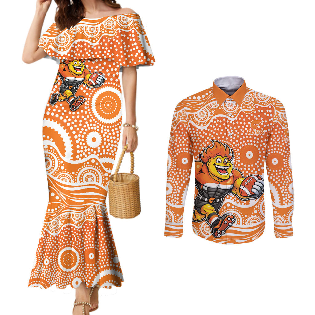 Greater Western Sydney Giants Couples Matching Mermaid Dress and Long Sleeve Button Shirt Aboriginal Dot Pattern - Football Mascot Heritage Pride