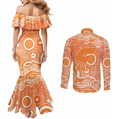 Greater Western Sydney Giants Couples Matching Mermaid Dress and Long Sleeve Button Shirt Aboriginal Dot Pattern - Football Mascot Heritage Pride