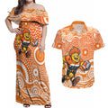Greater Western Sydney Giants Couples Matching Off Shoulder Maxi Dress and Hawaiian Shirt Aboriginal Dot Pattern - Football Mascot Heritage Pride