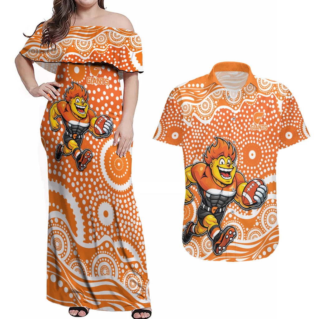 Greater Western Sydney Giants Couples Matching Off Shoulder Maxi Dress and Hawaiian Shirt Aboriginal Dot Pattern - Football Mascot Heritage Pride