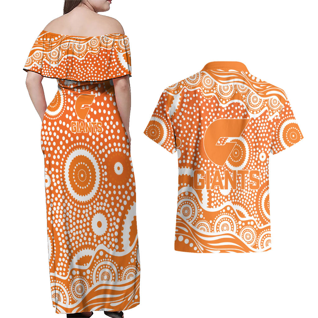 Greater Western Sydney Giants Couples Matching Off Shoulder Maxi Dress and Hawaiian Shirt Aboriginal Dot Pattern - Football Mascot Heritage Pride