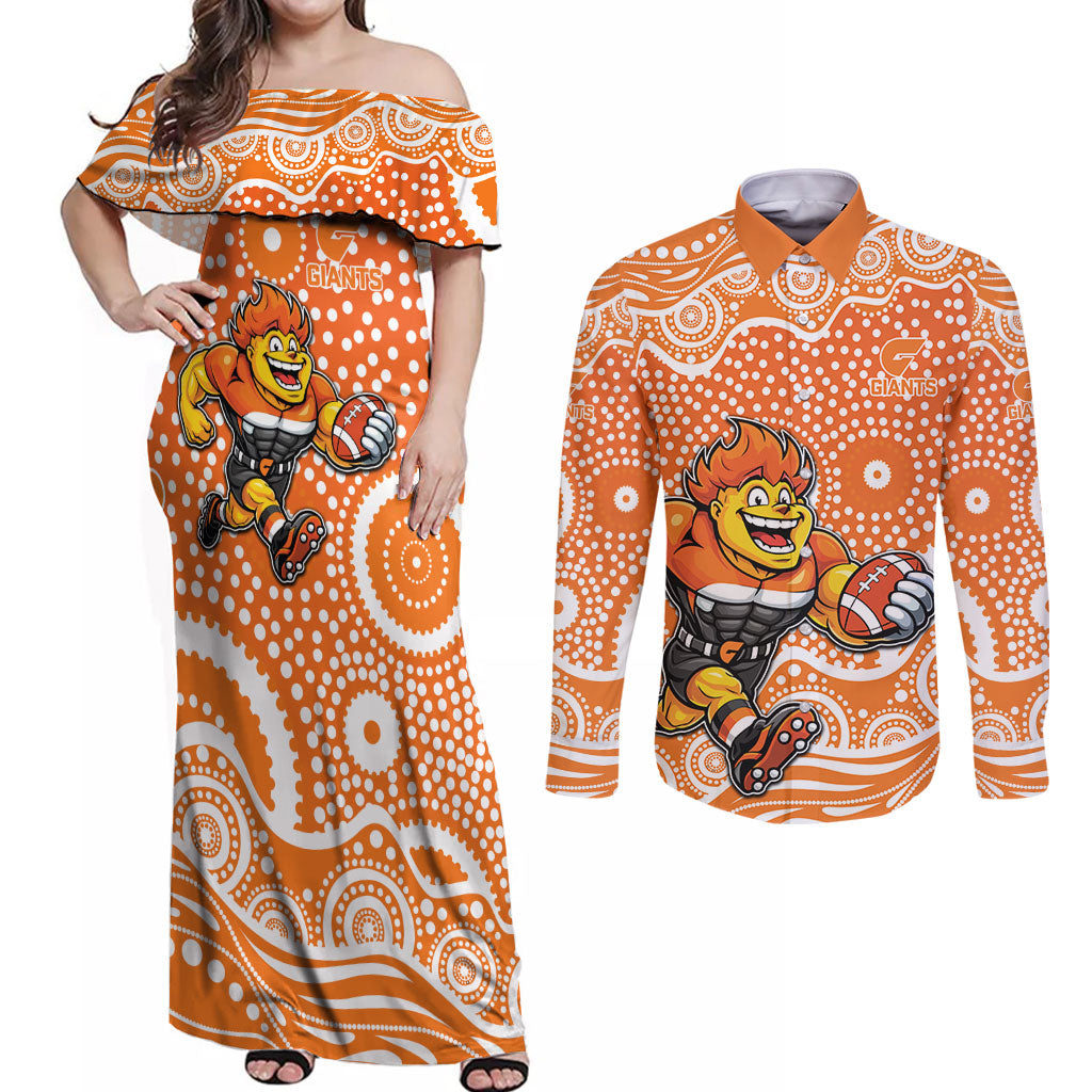 Greater Western Sydney Giants Couples Matching Off Shoulder Maxi Dress and Long Sleeve Button Shirt Aboriginal Dot Pattern - Football Mascot Heritage Pride