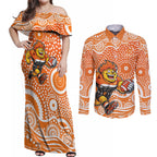 Greater Western Sydney Giants Couples Matching Off Shoulder Maxi Dress and Long Sleeve Button Shirt Aboriginal Dot Pattern - Football Mascot Heritage Pride