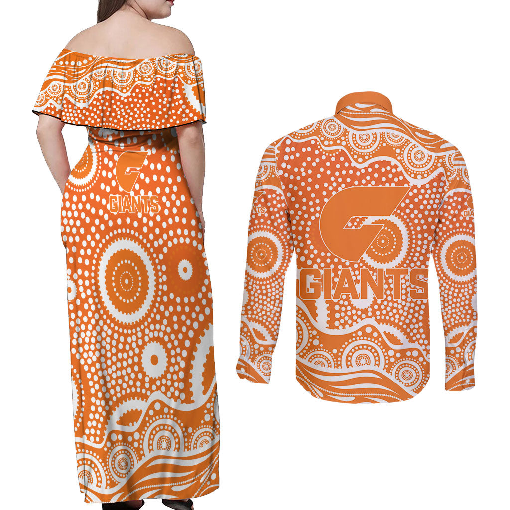 Greater Western Sydney Giants Couples Matching Off Shoulder Maxi Dress and Long Sleeve Button Shirt Aboriginal Dot Pattern - Football Mascot Heritage Pride
