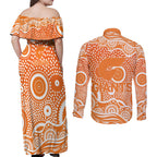 Greater Western Sydney Giants Couples Matching Off Shoulder Maxi Dress and Long Sleeve Button Shirt Aboriginal Dot Pattern - Football Mascot Heritage Pride