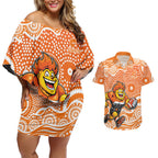 Greater Western Sydney Giants Couples Matching Off Shoulder Short Dress and Hawaiian Shirt Aboriginal Dot Pattern - Football Mascot Heritage Pride