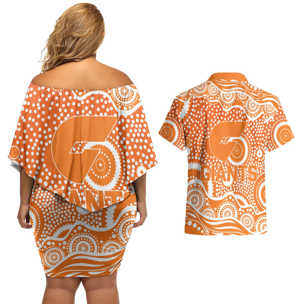 Greater Western Sydney Giants Couples Matching Off Shoulder Short Dress and Hawaiian Shirt Aboriginal Dot Pattern - Football Mascot Heritage Pride