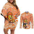 Greater Western Sydney Giants Couples Matching Off Shoulder Short Dress and Long Sleeve Button Shirt Aboriginal Dot Pattern - Football Mascot Heritage Pride