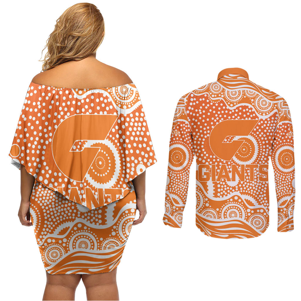Greater Western Sydney Giants Couples Matching Off Shoulder Short Dress and Long Sleeve Button Shirt Aboriginal Dot Pattern - Football Mascot Heritage Pride