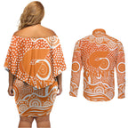 Greater Western Sydney Giants Couples Matching Off Shoulder Short Dress and Long Sleeve Button Shirt Aboriginal Dot Pattern - Football Mascot Heritage Pride