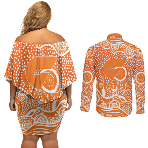 Greater Western Sydney Giants Couples Matching Off Shoulder Short Dress and Long Sleeve Button Shirt Aboriginal Dot Pattern - Football Mascot Heritage Pride