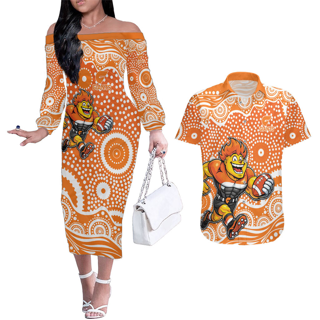 Greater Western Sydney Giants Couples Matching Off The Shoulder Long Sleeve Dress and Hawaiian Shirt Aboriginal Dot Pattern - Football Mascot Heritage Pride