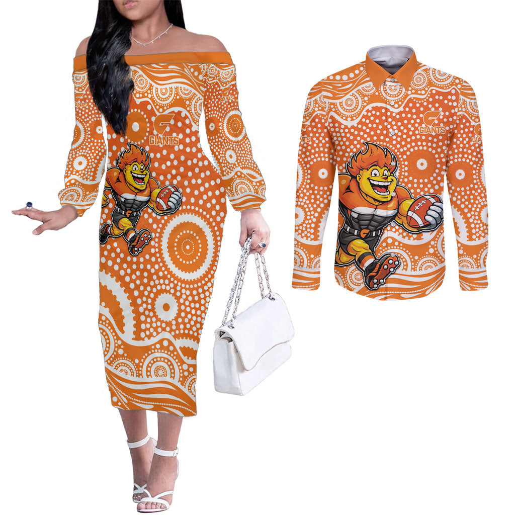 Greater Western Sydney Giants Couples Matching Off The Shoulder Long Sleeve Dress and Long Sleeve Button Shirt Aboriginal Dot Pattern - Football Mascot Heritage Pride