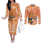 Greater Western Sydney Giants Couples Matching Off The Shoulder Long Sleeve Dress and Long Sleeve Button Shirt Aboriginal Dot Pattern - Football Mascot Heritage Pride
