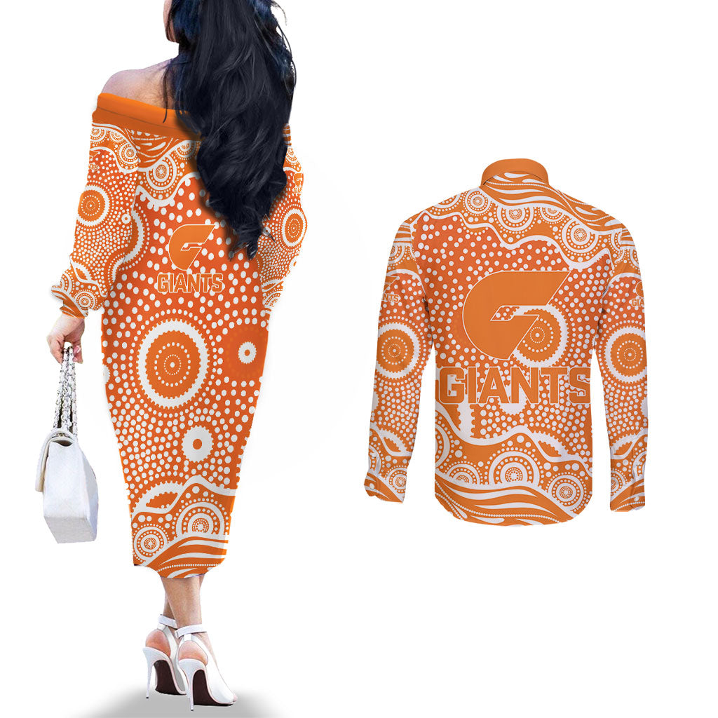 Greater Western Sydney Giants Couples Matching Off The Shoulder Long Sleeve Dress and Long Sleeve Button Shirt Aboriginal Dot Pattern - Football Mascot Heritage Pride