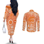 Greater Western Sydney Giants Couples Matching Off The Shoulder Long Sleeve Dress and Long Sleeve Button Shirt Aboriginal Dot Pattern - Football Mascot Heritage Pride
