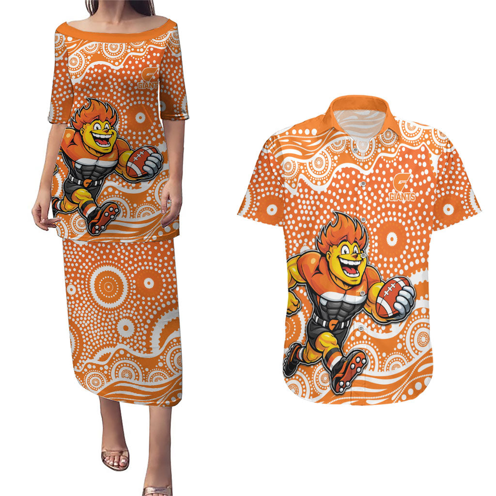 Greater Western Sydney Giants Couples Matching Puletasi and Hawaiian Shirt Aboriginal Dot Pattern - Football Mascot Heritage Pride