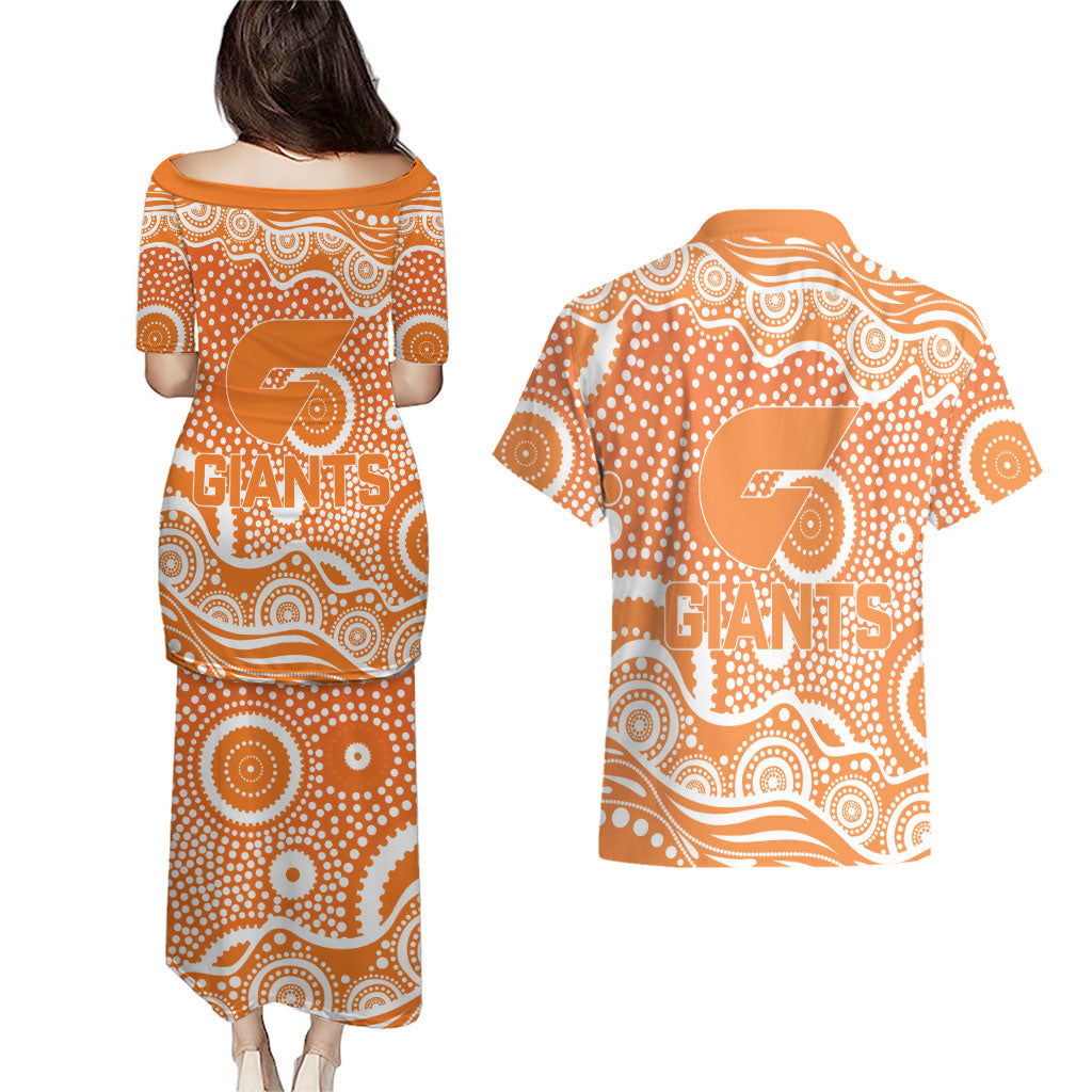 Greater Western Sydney Giants Couples Matching Puletasi and Hawaiian Shirt Aboriginal Dot Pattern - Football Mascot Heritage Pride