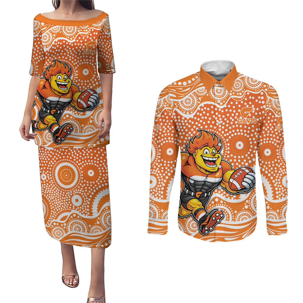 Greater Western Sydney Giants Couples Matching Puletasi and Long Sleeve Button Shirt Aboriginal Dot Pattern - Football Mascot Heritage Pride