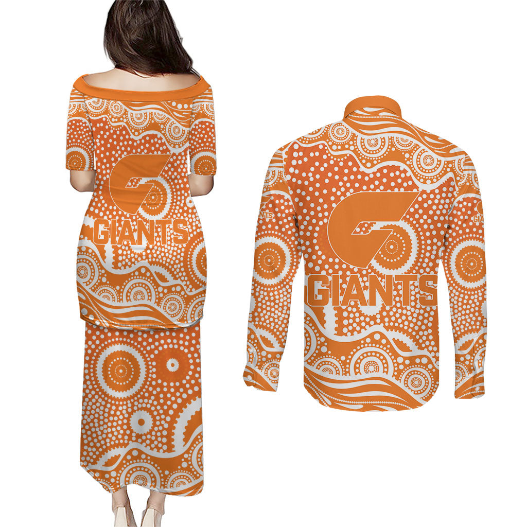 Greater Western Sydney Giants Couples Matching Puletasi and Long Sleeve Button Shirt Aboriginal Dot Pattern - Football Mascot Heritage Pride