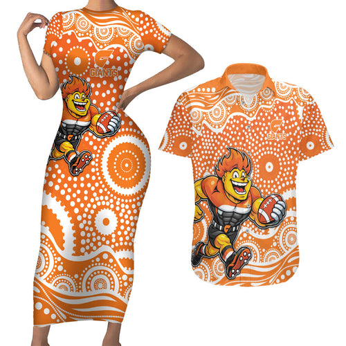 Greater Western Sydney Giants Couples Matching Short Sleeve Bodycon Dress and Hawaiian Shirt Aboriginal Dot Pattern - Football Mascot Heritage Pride