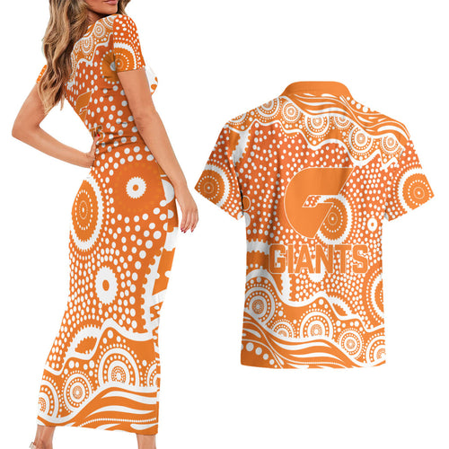 Greater Western Sydney Giants Couples Matching Short Sleeve Bodycon Dress and Hawaiian Shirt Aboriginal Dot Pattern - Football Mascot Heritage Pride