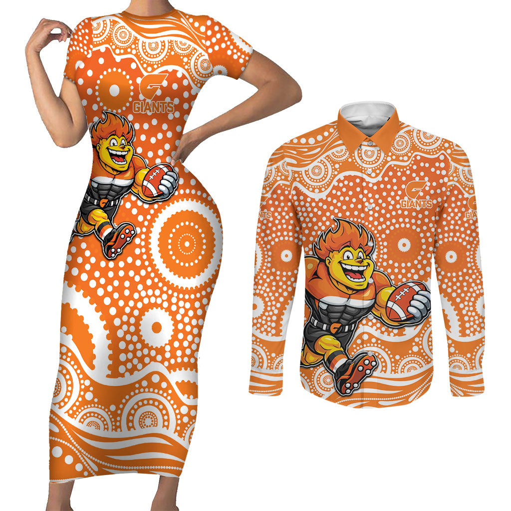 Greater Western Sydney Giants Couples Matching Short Sleeve Bodycon Dress and Long Sleeve Button Shirt Aboriginal Dot Pattern - Football Mascot Heritage Pride