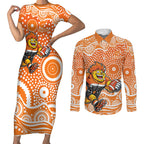 Greater Western Sydney Giants Couples Matching Short Sleeve Bodycon Dress and Long Sleeve Button Shirt Aboriginal Dot Pattern - Football Mascot Heritage Pride