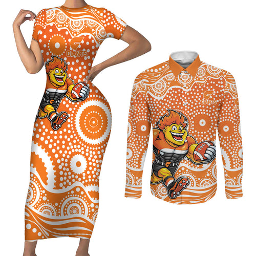Greater Western Sydney Giants Couples Matching Short Sleeve Bodycon Dress and Long Sleeve Button Shirt Aboriginal Dot Pattern - Football Mascot Heritage Pride