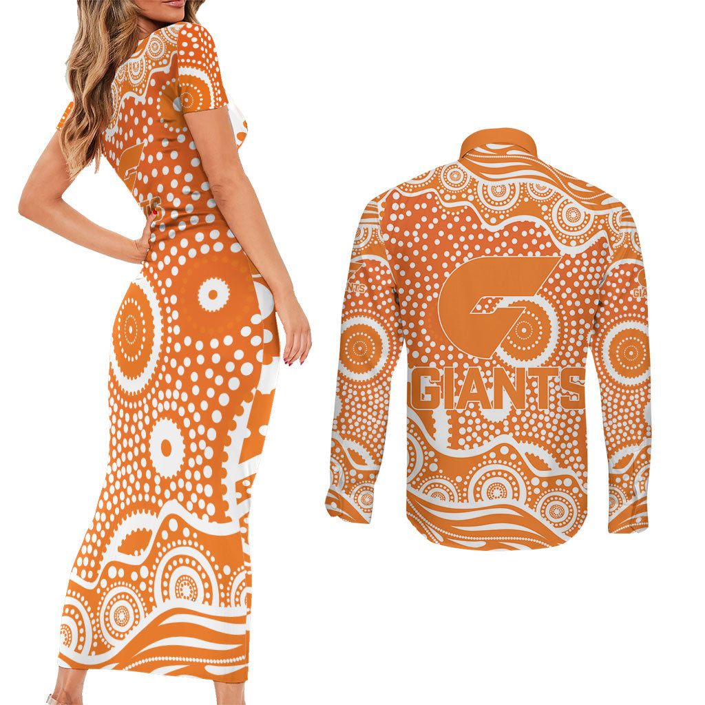 Greater Western Sydney Giants Couples Matching Short Sleeve Bodycon Dress and Long Sleeve Button Shirt Aboriginal Dot Pattern - Football Mascot Heritage Pride