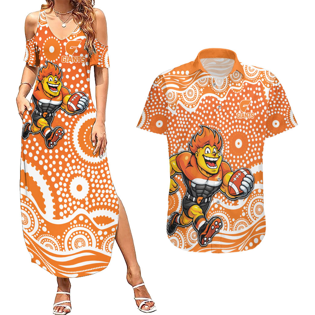 Greater Western Sydney Giants Couples Matching Summer Maxi Dress and Hawaiian Shirt Aboriginal Dot Pattern - Football Mascot Heritage Pride