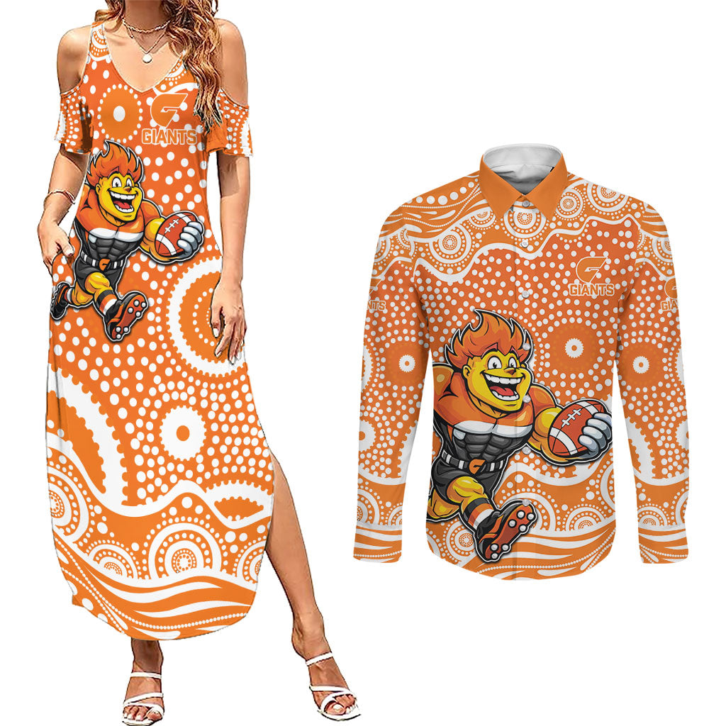 Greater Western Sydney Giants Couples Matching Summer Maxi Dress and Long Sleeve Button Shirt Aboriginal Dot Pattern - Football Mascot Heritage Pride