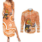 Greater Western Sydney Giants Couples Matching Summer Maxi Dress and Long Sleeve Button Shirt Aboriginal Dot Pattern - Football Mascot Heritage Pride