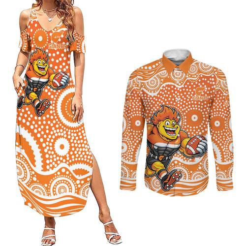 Greater Western Sydney Giants Couples Matching Summer Maxi Dress and Long Sleeve Button Shirt Aboriginal Dot Pattern - Football Mascot Heritage Pride