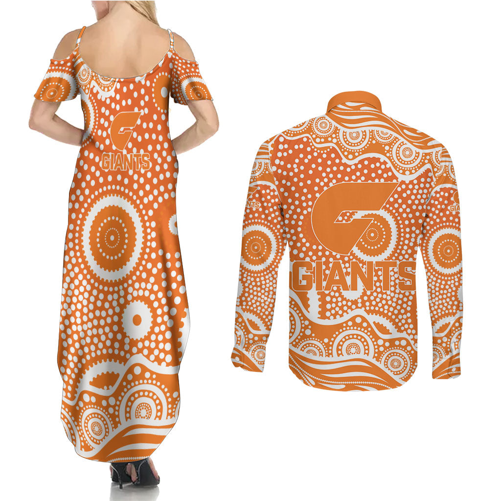 Greater Western Sydney Giants Couples Matching Summer Maxi Dress and Long Sleeve Button Shirt Aboriginal Dot Pattern - Football Mascot Heritage Pride
