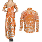 Greater Western Sydney Giants Couples Matching Summer Maxi Dress and Long Sleeve Button Shirt Aboriginal Dot Pattern - Football Mascot Heritage Pride