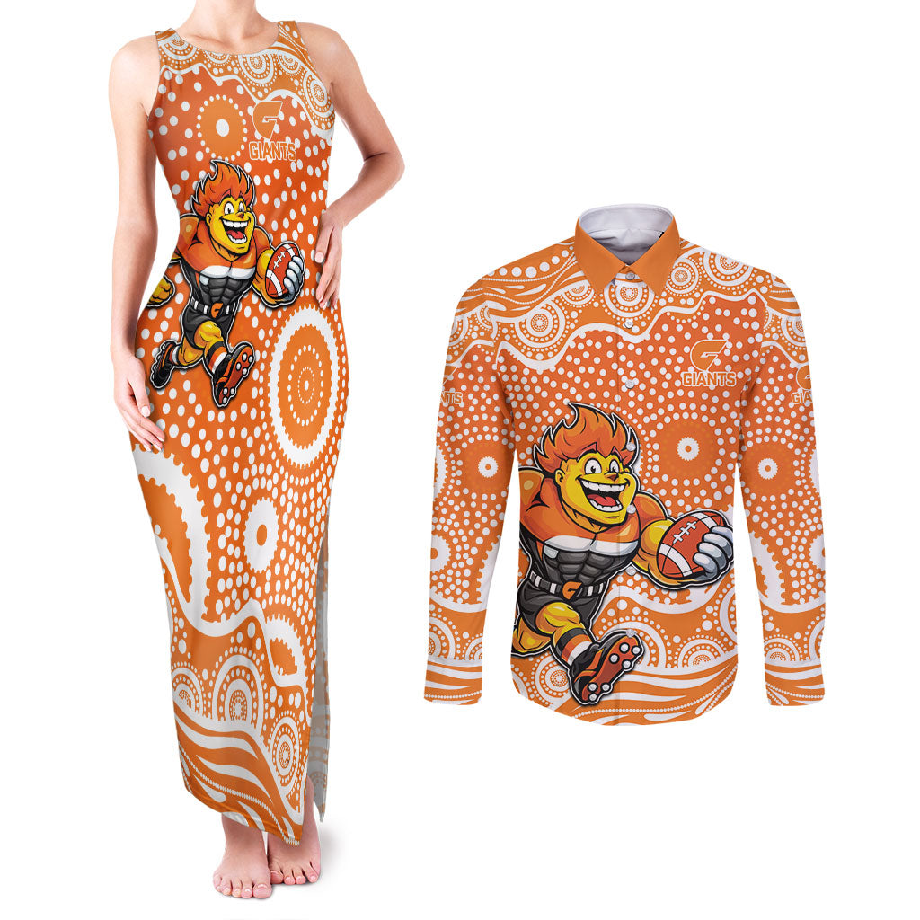 Greater Western Sydney Giants Couples Matching Tank Maxi Dress and Long Sleeve Button Shirt Aboriginal Dot Pattern - Football Mascot Heritage Pride