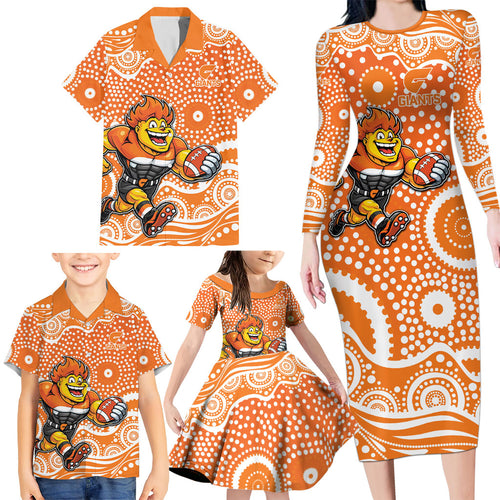 Greater Western Sydney Giants Family Matching Long Sleeve Bodycon Dress and Hawaiian Shirt Aboriginal Dot Pattern - Football Mascot Heritage Pride