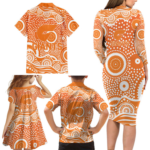 Greater Western Sydney Giants Family Matching Long Sleeve Bodycon Dress and Hawaiian Shirt Aboriginal Dot Pattern - Football Mascot Heritage Pride