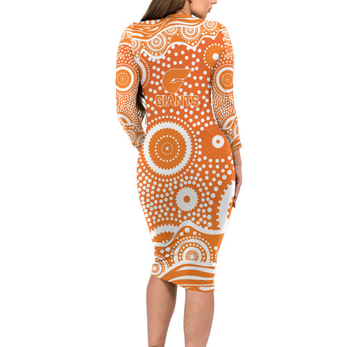 Greater Western Sydney Giants Family Matching Long Sleeve Bodycon Dress and Hawaiian Shirt Aboriginal Dot Pattern - Football Mascot Heritage Pride