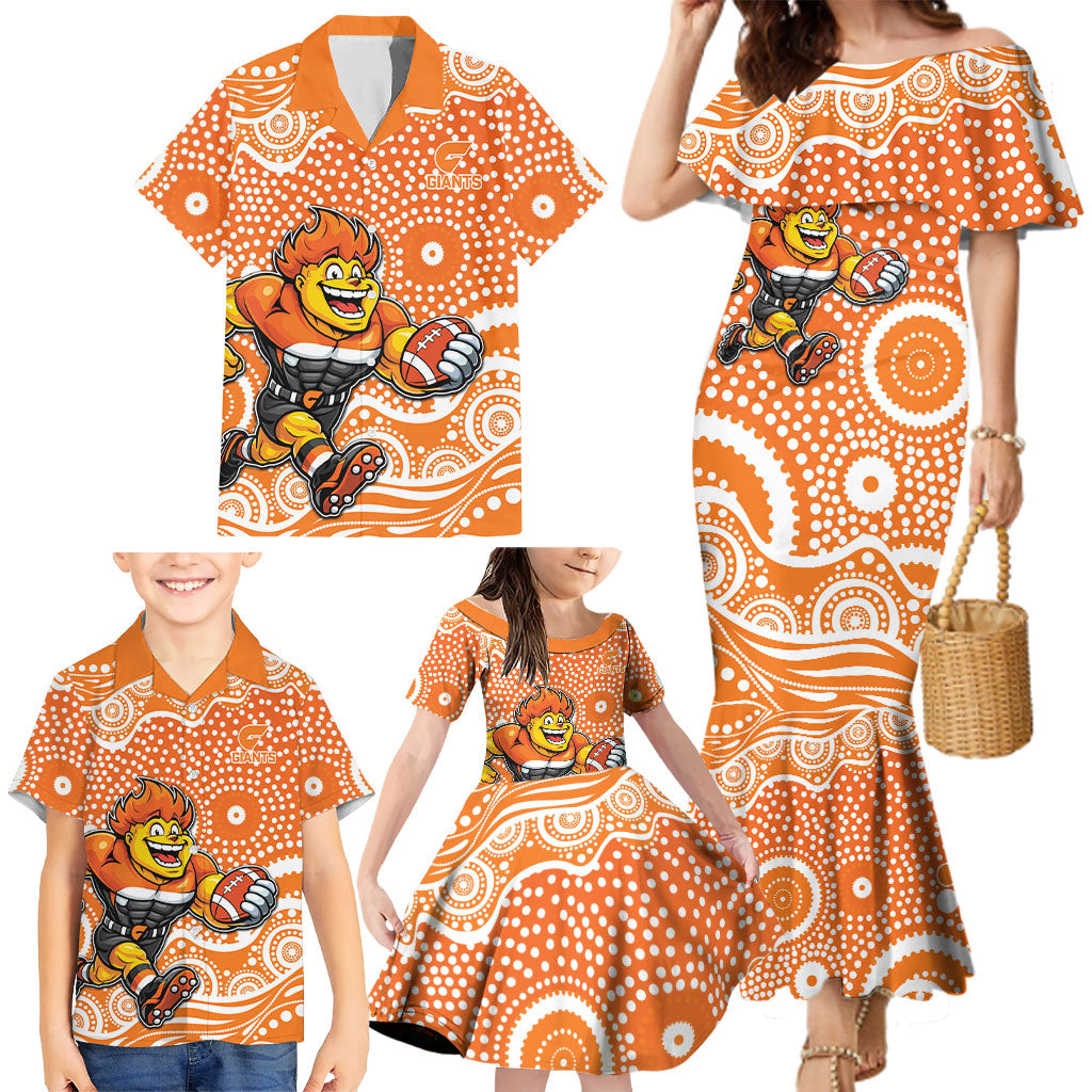 Greater Western Sydney Giants Family Matching Mermaid Dress and Hawaiian Shirt Aboriginal Dot Pattern - Football Mascot Heritage Pride