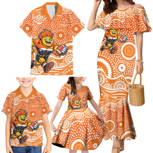 Greater Western Sydney Giants Family Matching Mermaid Dress and Hawaiian Shirt Aboriginal Dot Pattern - Football Mascot Heritage Pride