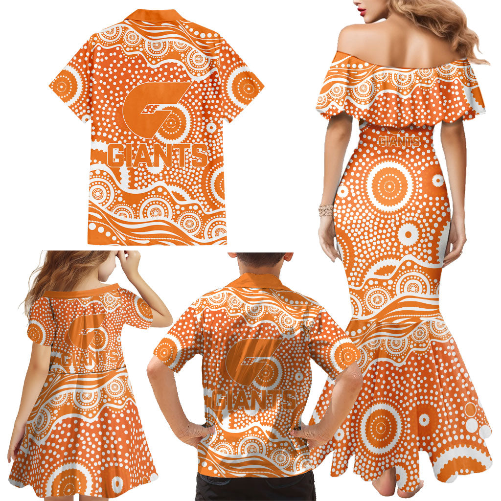 Greater Western Sydney Giants Family Matching Mermaid Dress and Hawaiian Shirt Aboriginal Dot Pattern - Football Mascot Heritage Pride