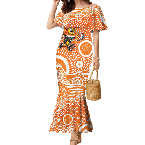 Greater Western Sydney Giants Family Matching Mermaid Dress and Hawaiian Shirt Aboriginal Dot Pattern - Football Mascot Heritage Pride